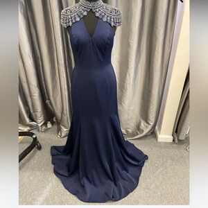 High Jewel Neckline Beaded Open Back Mermaid Evening Gown 8293 by Nox Anabel